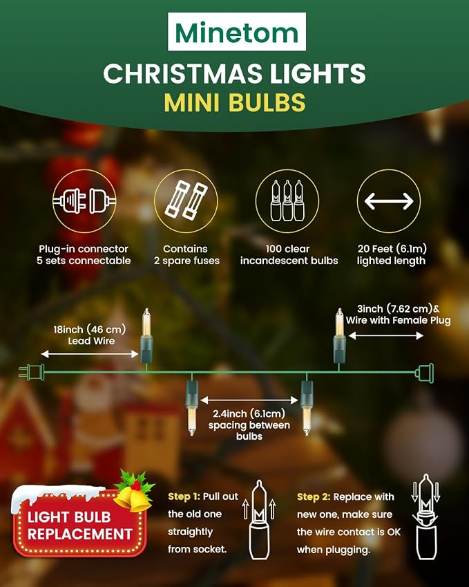 Minetom 100 Count 20 Feet Christmas String Lights, Incandescent Bulb Mini Lights - Image 3