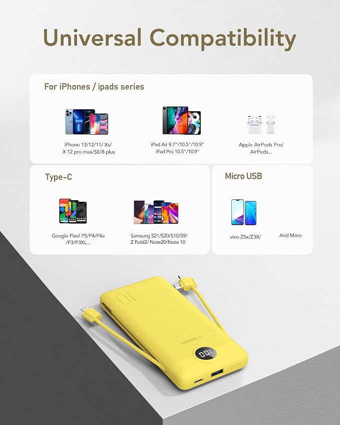 VEGER Portable Charger with Built-in AC Plug and Cables, All in One 10000mAh - Image 6