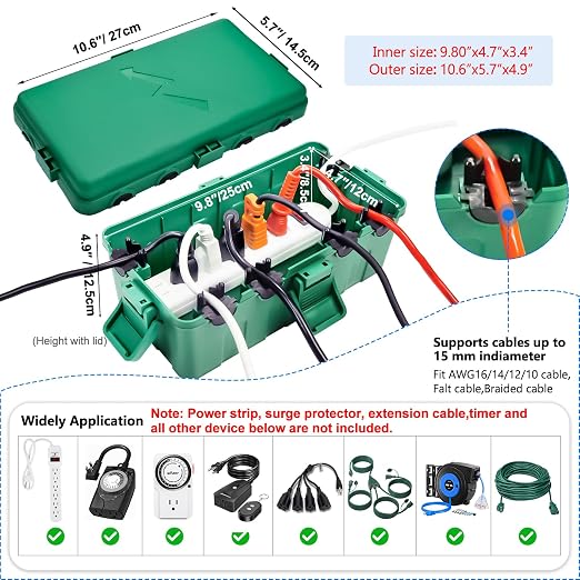 Hrensaw Medium Outdoor Electrical Box, IP54 Waterproof Extension Cord Cover w/6 - Image 2
