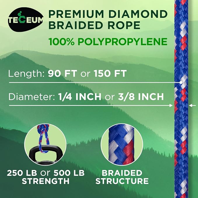 TECEUM Rope – 90 Feet x 3/8 Inch – Patriot Mix – Strong All-Purpose Utility - Image 2