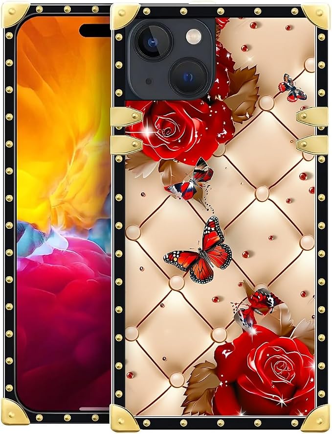 Compatible with iPhone 15 Case, Shining Red Rose Butterfly Leather Background by Unknown