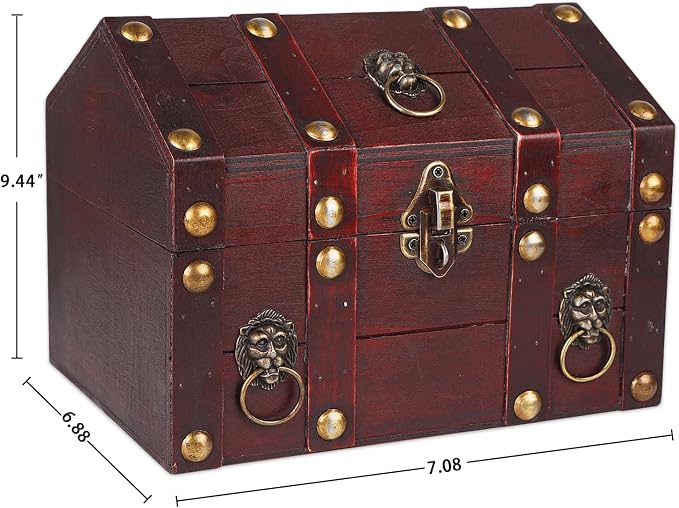 SICOHOME Large Treasure Chest 9.4“x6.9”x7“ Wooden Pirate Treasure Box - Image 6
