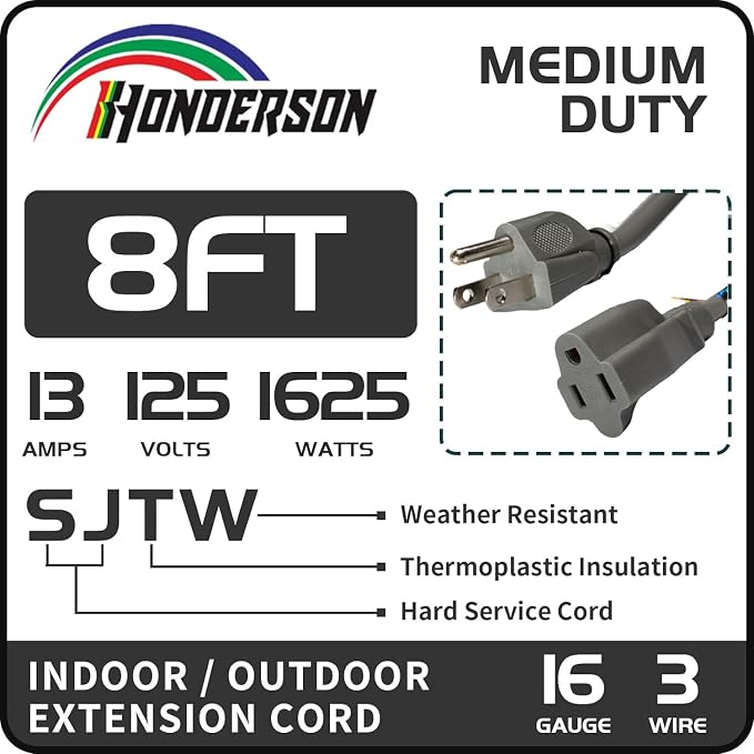 Indoor Outdoor Extension Cord Weatherproof, UL Certified, 16 Gauge 8FT Grey 3 - Image 2