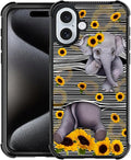 for iPhone 16 Case, Cute Little Elephant Sunflower White Line Art Pattern by FKBRCL4U