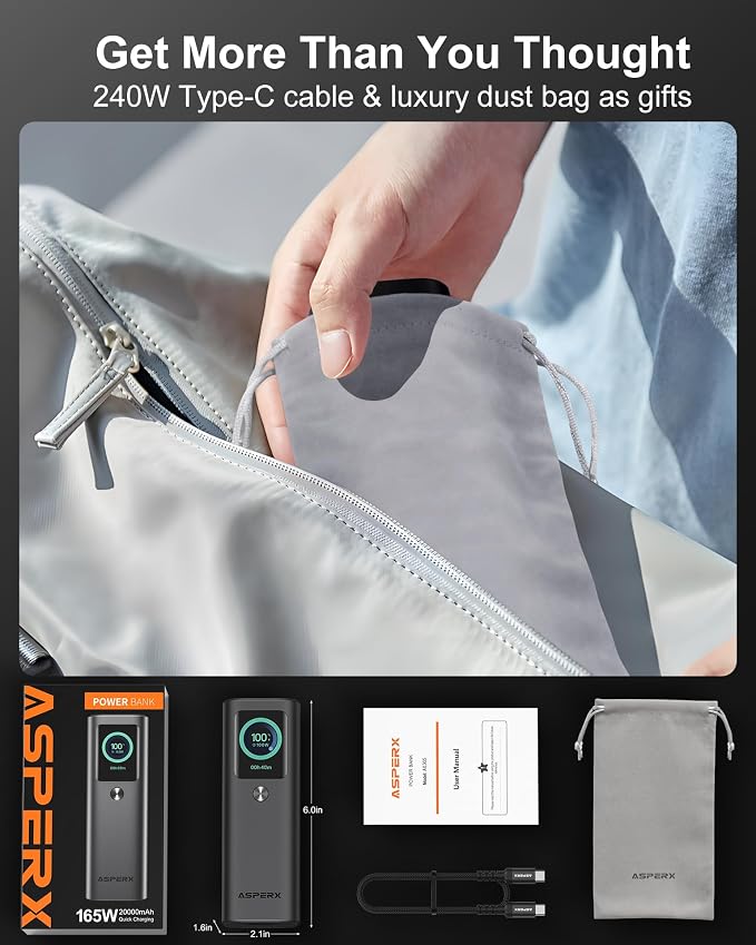 AsperX Laptop Power Bank, 165W 20, Retractable Cables, Aluminum Alloy Unibody - Image 9