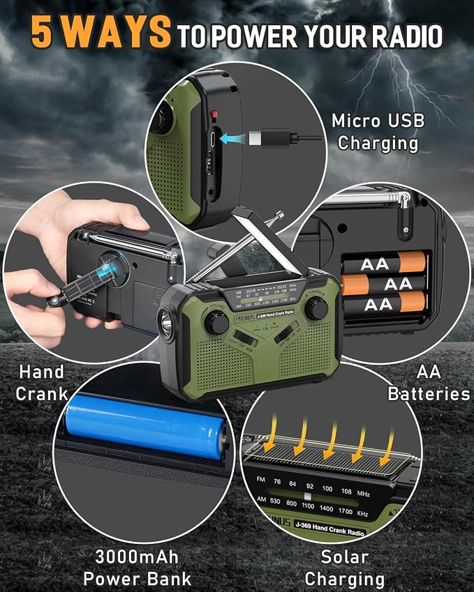 PRUNUS J-369 11100mWh Emergency Weather Radio, AA Batteries/Hand - Image 2