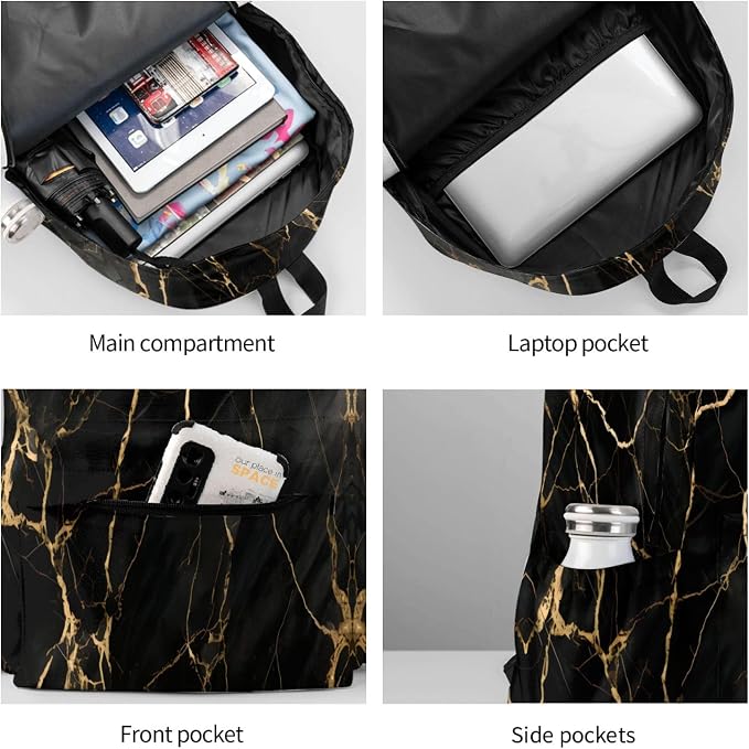 cfpolar 17 Inch Backpack Black & Gold Marble Art Laptop Bag Shoulder Bag School - Image 6