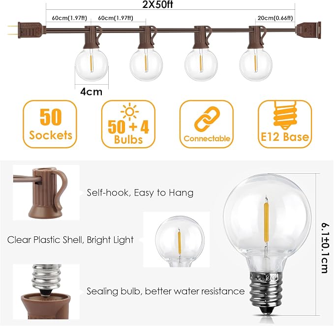 Mlambert 100Ft Outdoor String Lights, G40 Globe Patio Lights - Image 2