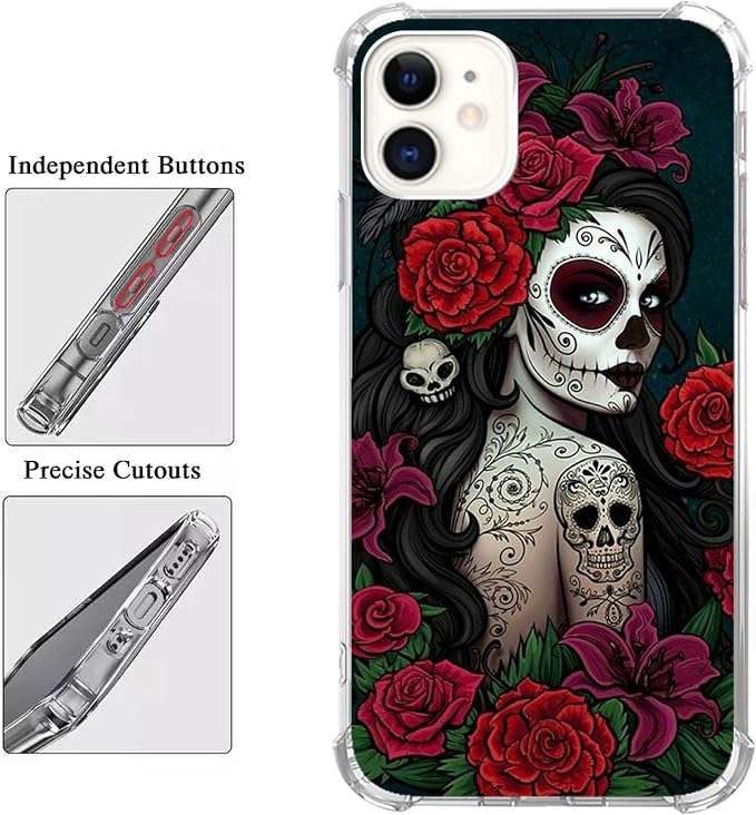 Sugar Skull Girl Case for iPhone 11, Skull and Flowers Pattern Unique Design - Image 3