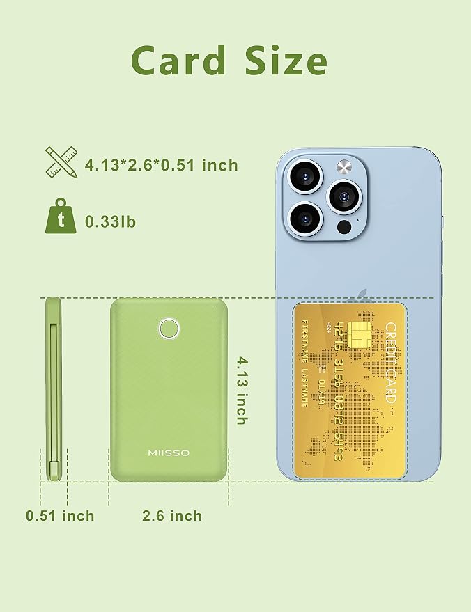 miisso 6000mah Ultra Slim Built in Cables Power Bank, Card Size Built in USB C - Image 3