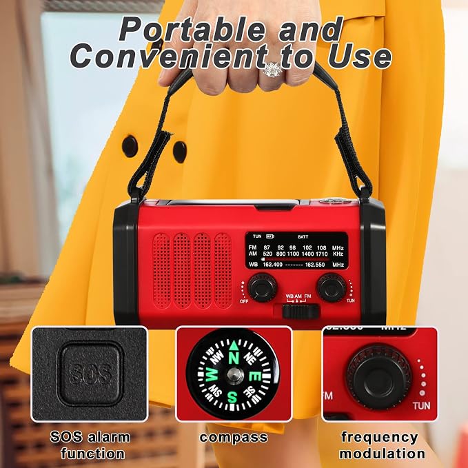 Leaton Weather Radio, Emergency Crank Radio AM/FM/NOAA Solar/Hand Crank/USB - Image 4