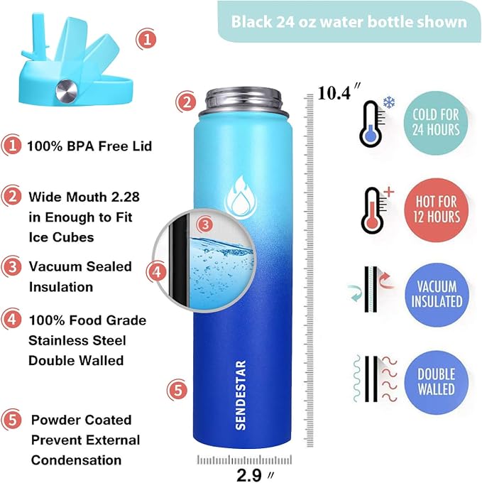 SENDESTAR Stainless Steel Wide Mouth Water Bottle 24oz Double Wall Vacuum - Image 4