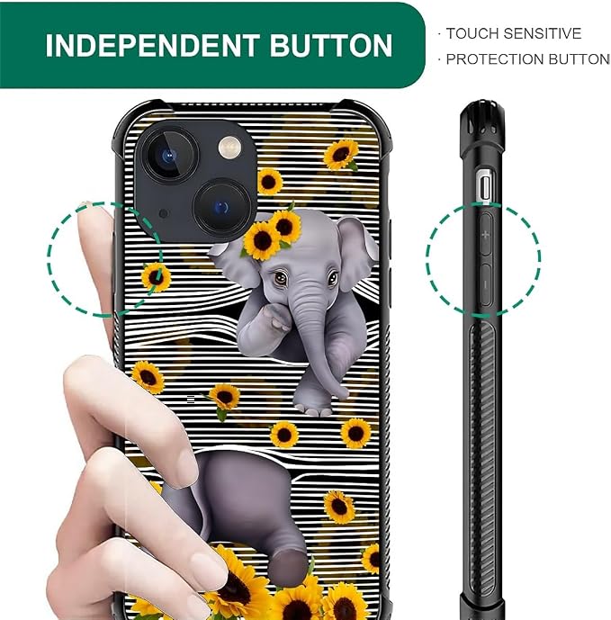 for iPhone 14 Case, Cute Little Elephant Sunflower White Line Art Pattern - Image 3