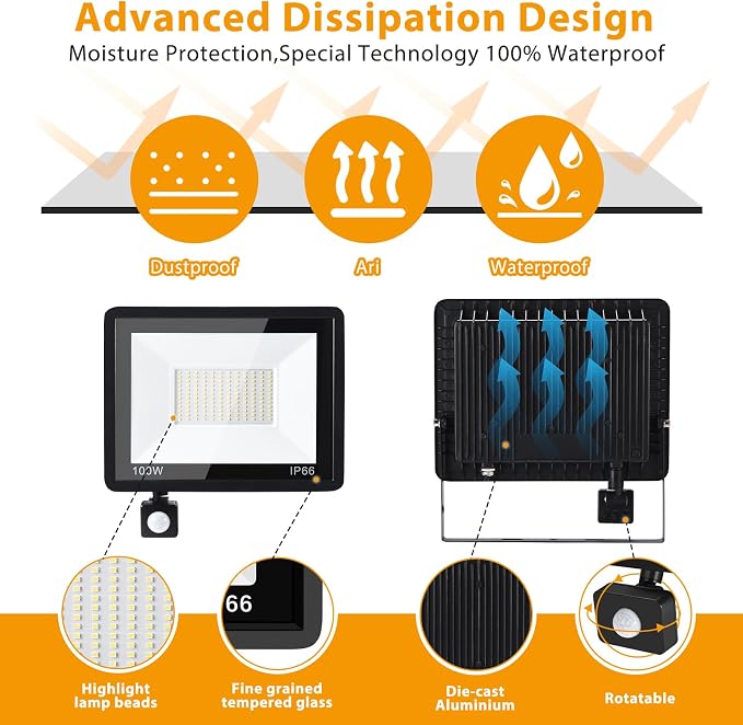YANYCN 2 Pack 100W LED Motion Sensor Flood Light, Dusk to Dawn, IP66 Waterproof - Image 3