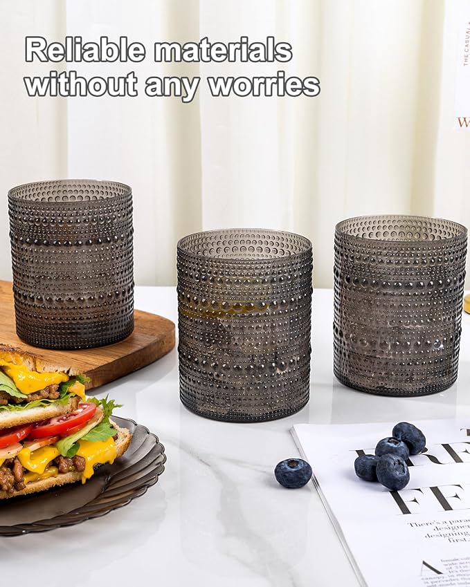 YOUBET 24PCS Plastic Drinking Glasses - 14OZ Black Hobnail Drinkware Glasses - - Image 7