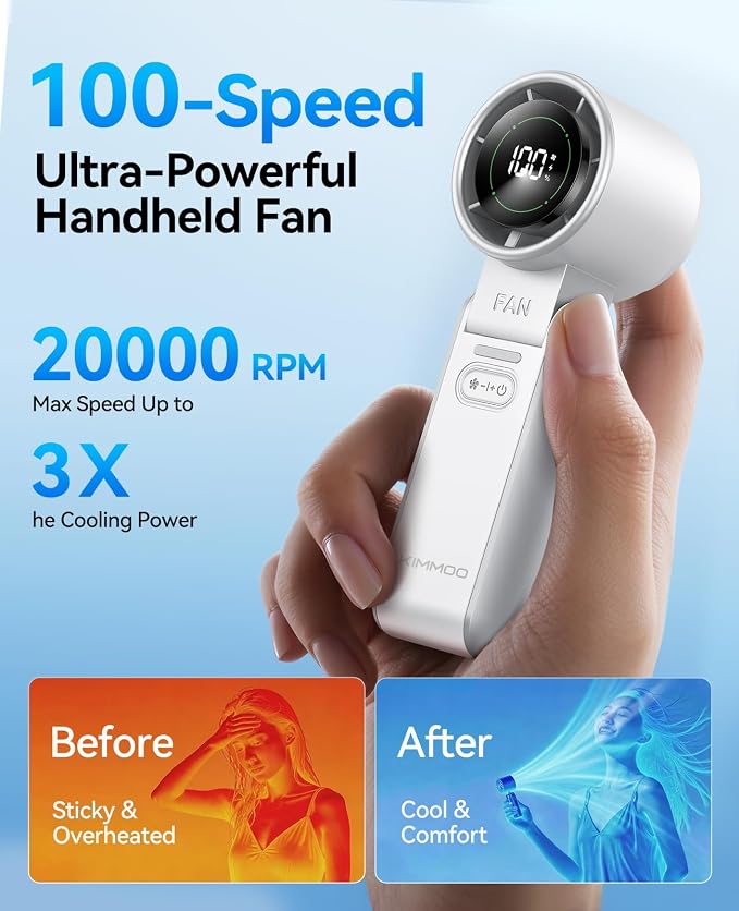 KIMMOO 2 Pack White Portable Handheld Turbo Fan-100 Speeds, Powerful 20000 RPM - Image 3