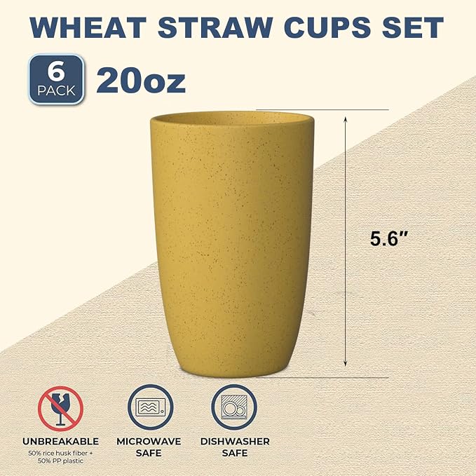Wheat Straw Cups 6 PCS Good Alternative to Plastic Reusable Cups 20 oz - Image 2