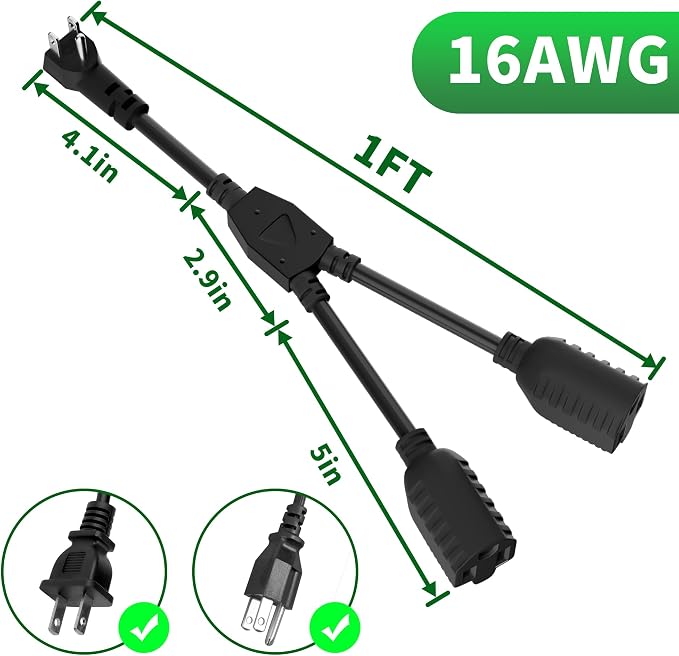 Elecan 3-Prong Y Splitter Power Extension Cord 1 FT, 90-Degree Angled Flat Plug - Image 2
