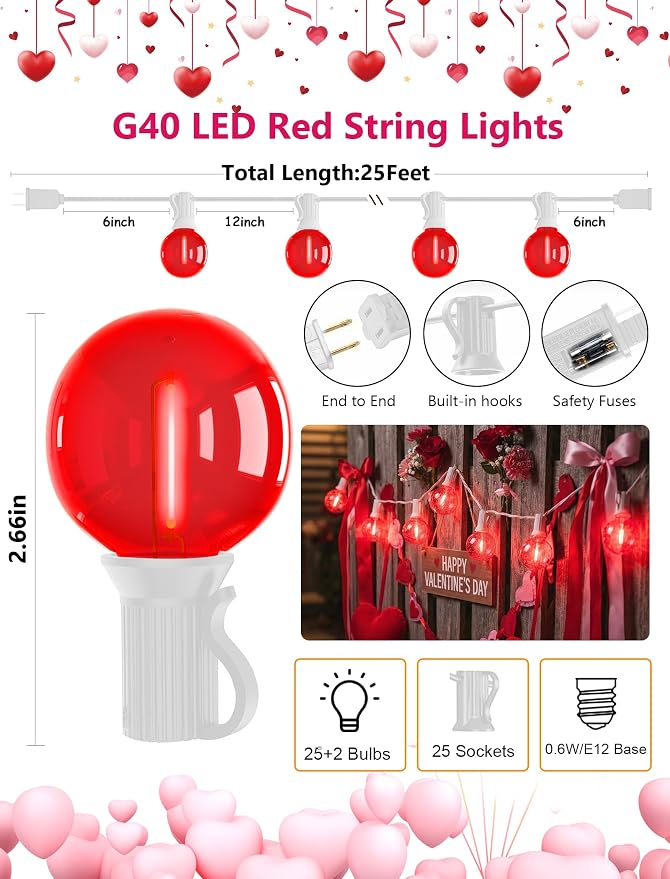 25FT G40 LED Valentine’s Day Outdoor String Lights, Hanging Patio Lights - Image 2
