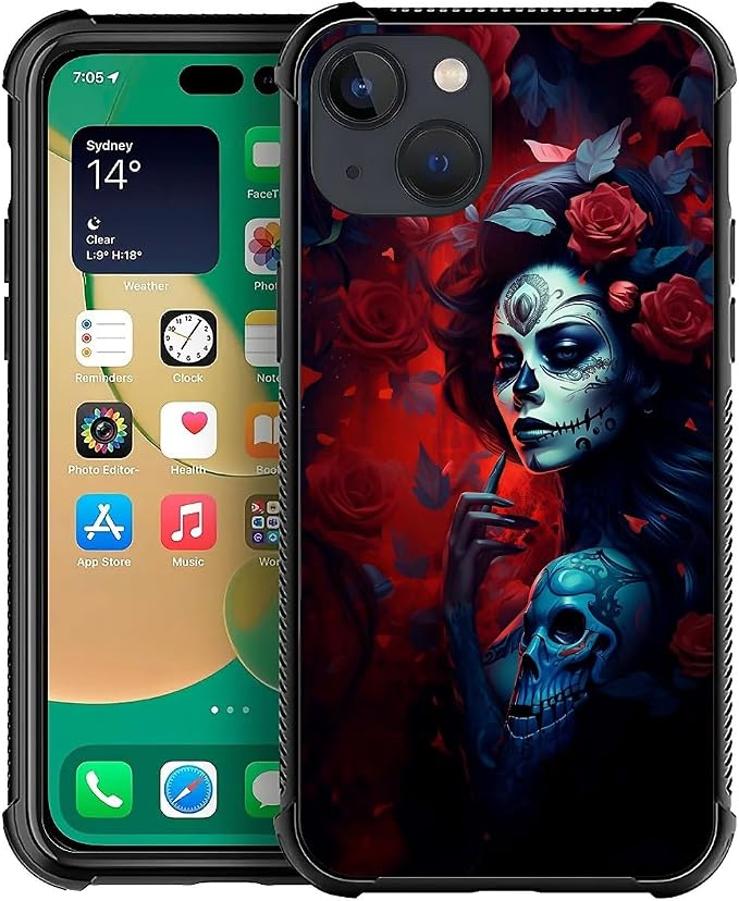 for iPhone 14 Case, Skull Lady Rose Pattern Graphic Design Girl Boy Soft by FKBRCL4U