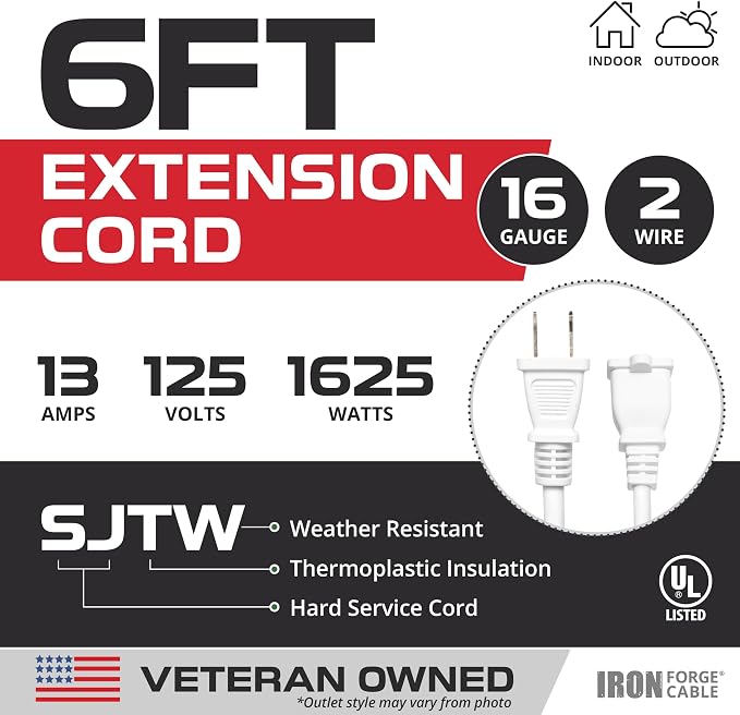 Iron Forge Cable 2 Prong Outdoor Extension Cord 6 ft, 16/2 SJTW 6 Foot White - Image 2