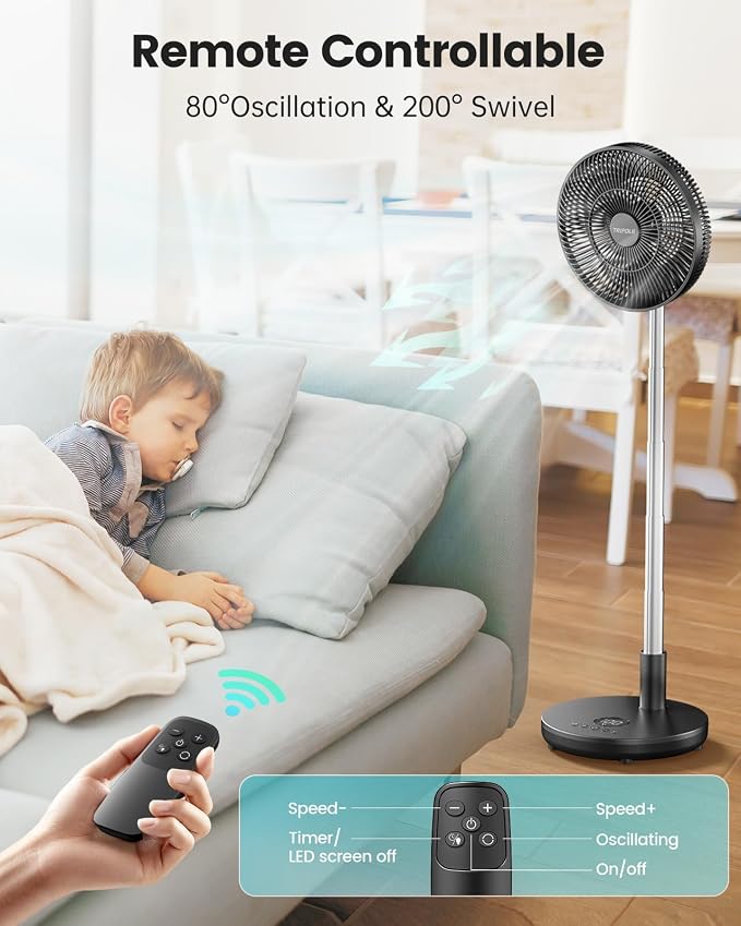 TriPole Foldable Standing Fan 12" Portable Rechargeable Battery Pedestal Fan - Image 5