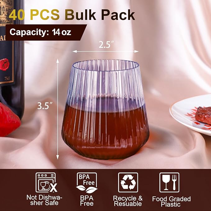 Lueumxc 40 Pack Plastic Ribbed Wine Glasses, 14Oz Origami Disposable Wine - Image 2