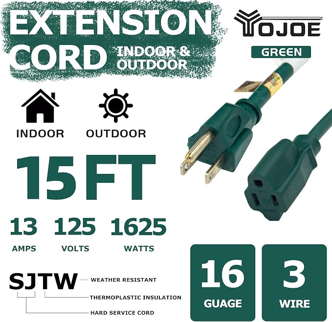 YOJOE Indoor Outdoor Extension Cord, 16 Gauge SJTW Heavy Duty 15 ft Green - Image 2