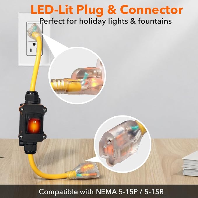 Heavy Duty Extension Cord with On/Off Switch, Outdoor Waterproof Inline Power - Image 5