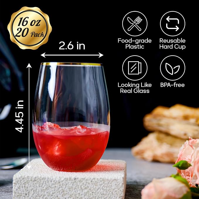 FOCUSLINE 20pcs 16 Oz Plastic Wine Glasses, Stemless Gold Rim, Heavy Duty - Image 2