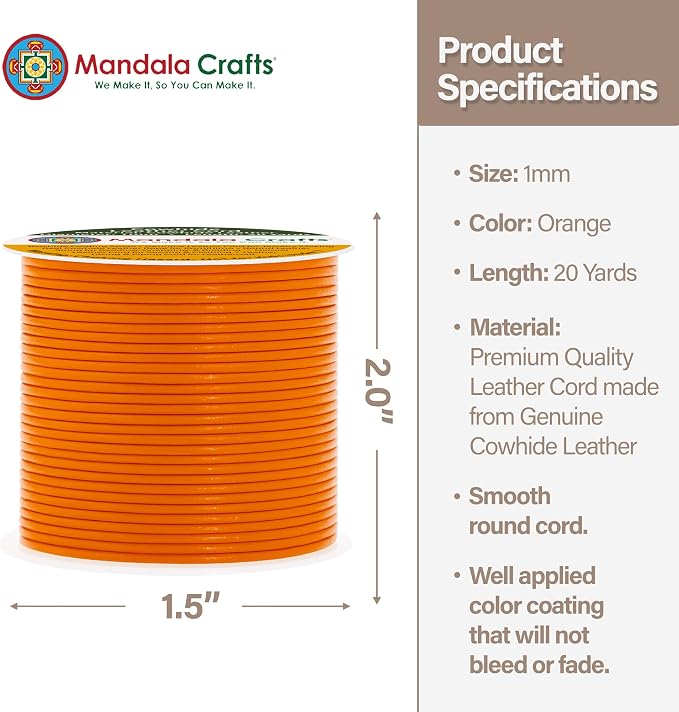 Mandala Crafts Round Genuine Orange Leather Cord - Image 4