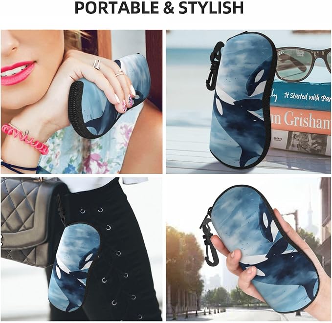 Watercolor Orca Whale Glasses Case Neoprene Portable Zipper Eyeglass Bag - Image 8