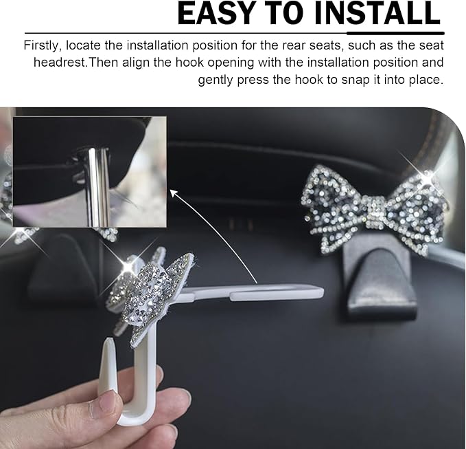2 PCS Bling Bow Car Seat Headrest Hooks, Cute Rhinestone Bow Car Seat Back - Image 5