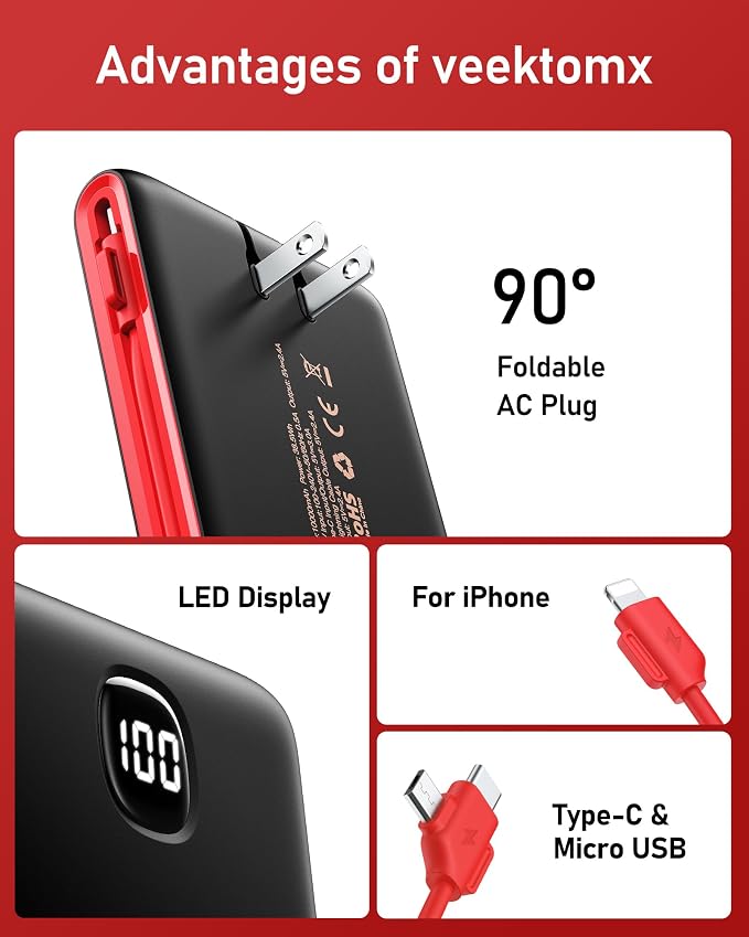 VEEKTOMX Portable Charger with Built in Cables 10000mAh, Power Bank - Image 8