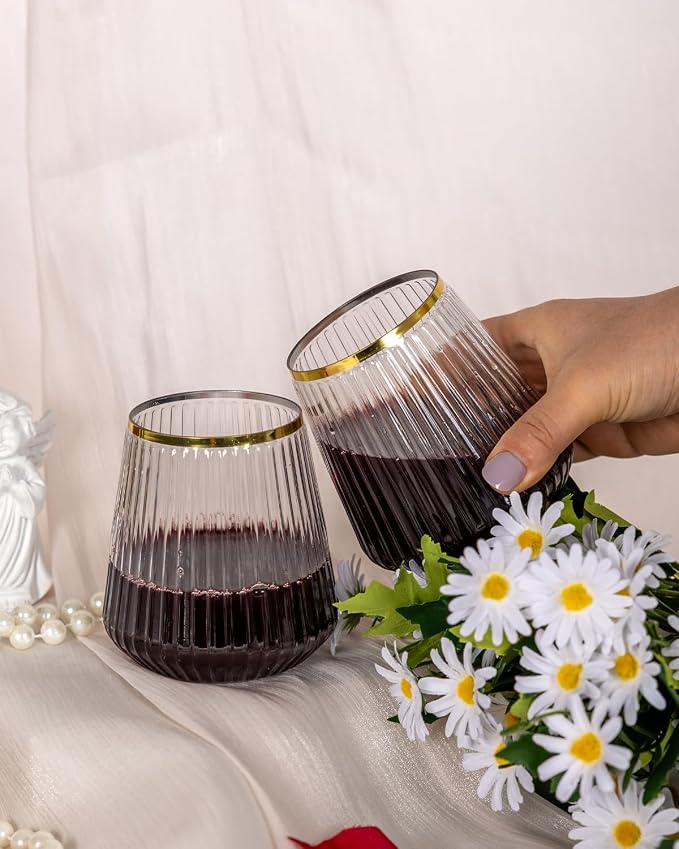 Goodluck 36 Pack 12oz Stemless Plastic Wine Glasses – Clear Ribbed Cups - Image 7