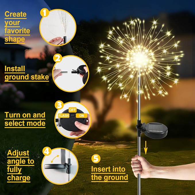 Solar Garden Lights Outdoor, 4 Pack 120 LED Twinkling Firework Lights Decorative - Image 6