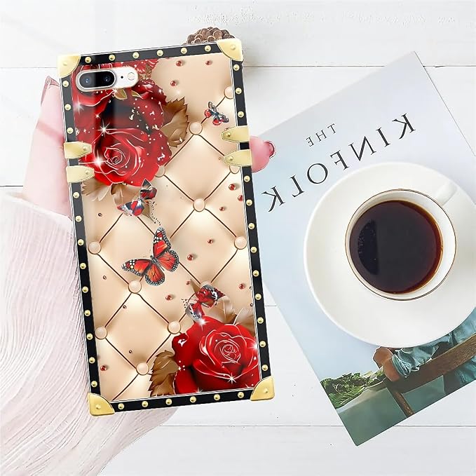 Compatible with iPhone 8 Plus 7 Plus Case, Shining Red Rose Butterfly Leather - Image 7