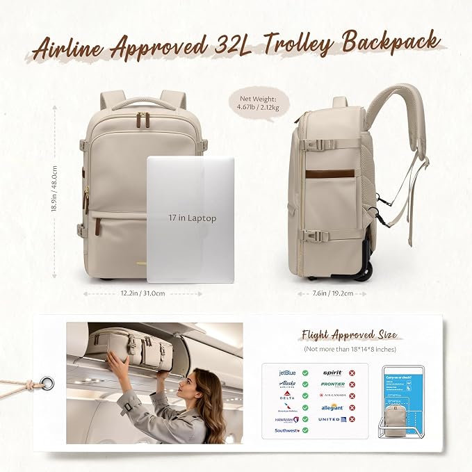 GOLF SUPAGS Rolling Backpack for Women 17 Inch Convertible Travel Laptop - Image 8