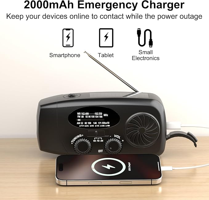 Weather Emergency Radio, Portable Solar AM/FM/NOAA Hand Crank Radio, Cell Phone - Image 3
