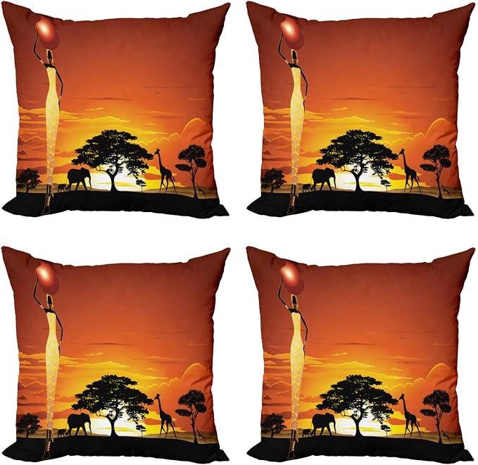 Ambesonne Elephant Throw Pillow Cushion Case Pack of 4, Woman and Wild Landscape by Ambesonne