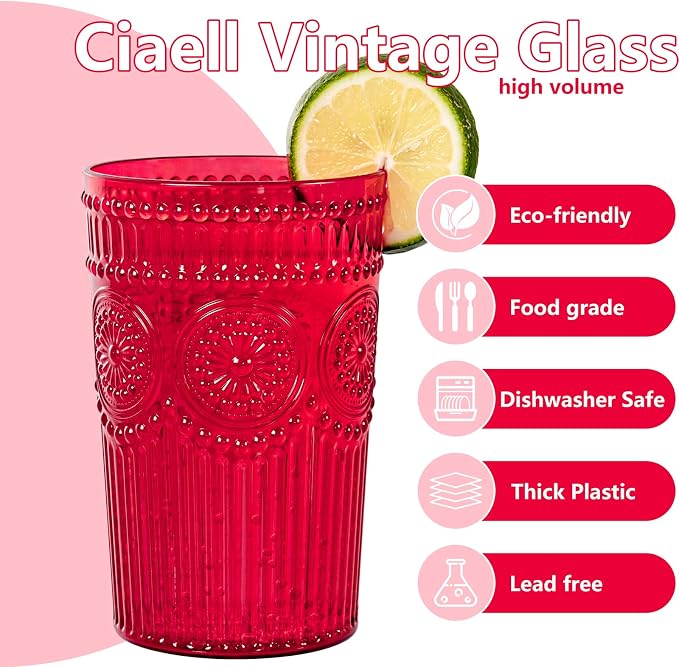 Ciaell 12 Pack Romantic Plastic Water Glasses - 14 Oz Red Vintage Drinking - Image 3