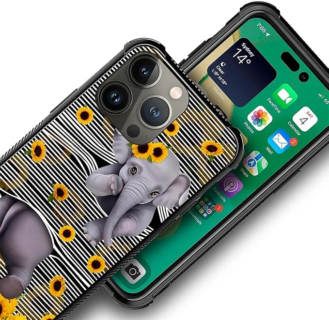 for iPhone 14 Pro Max Case, Cute Little Elephant Sunflower White Line Art - Image 2