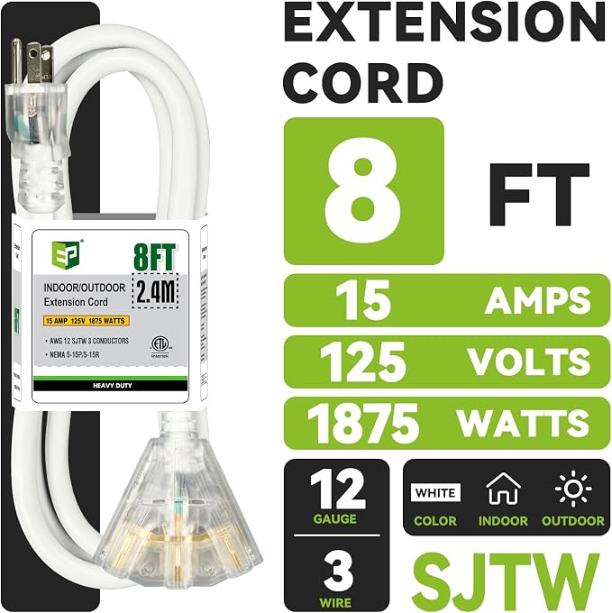 EP 6FT 12 Gauge Heavy Duty Extension Cord, 15A 125V 1875W, 3 Outlet - Image 2