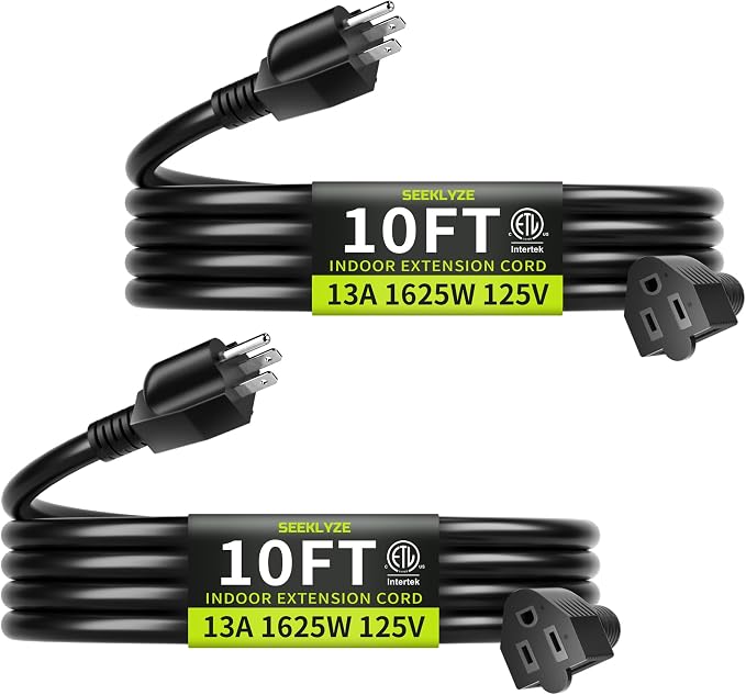 10 FT 13A 1625W 16/3 Black Extension Cord, Indoor Extension Cord by Seeklyze