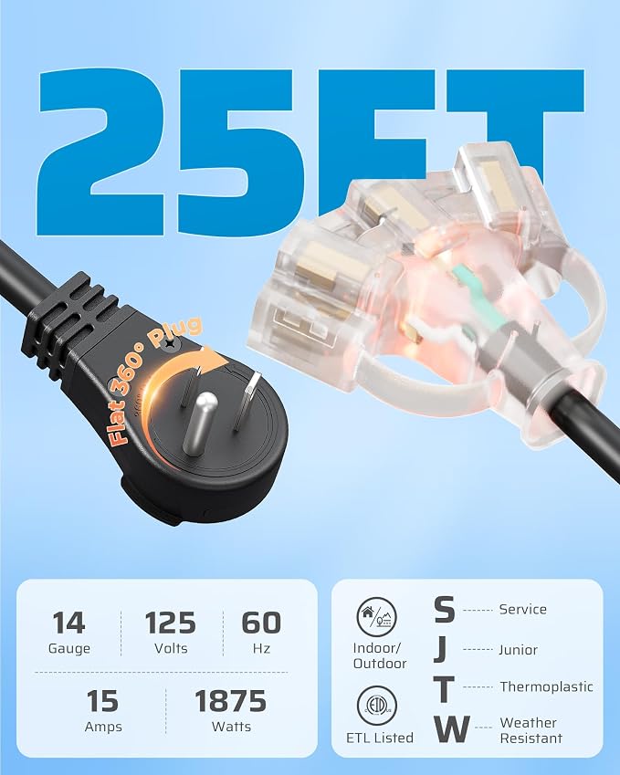 DEWENWILS 360° Rotating Flat Plug Outdoor Extension Cord 25FT, 14/3 SJTW Heavy - Image 2