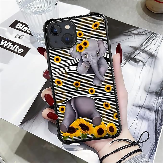 for iPhone 15 Plus Case, Cute Little Elephant Sunflower White Line Art Pattern - Image 4