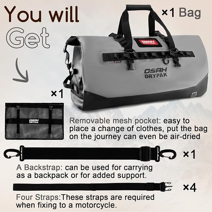 OSAH DRYPAK Waterproof Duffel Bag 25L/40L/60L – Heavy-Duty Motorcycle Tail Bag - Image 8