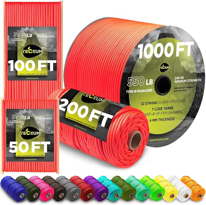 TECEUM Reflective Paracord Rope 1000 – 1000ft/200ft/100ft/50ft – 40+ Colors – by TECEUM
