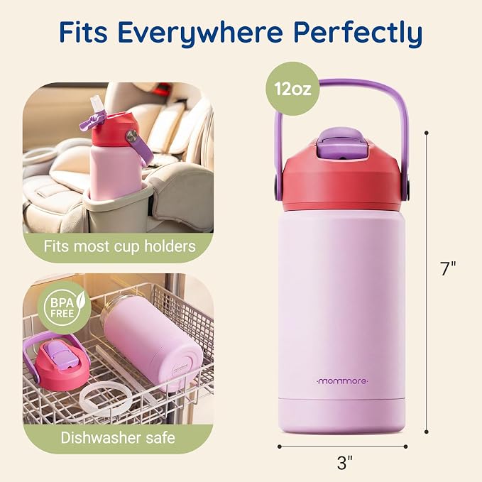 Mommore Kids Water Bottle 12 oz, Insulated Stainless Steel Water Bottle - Image 2