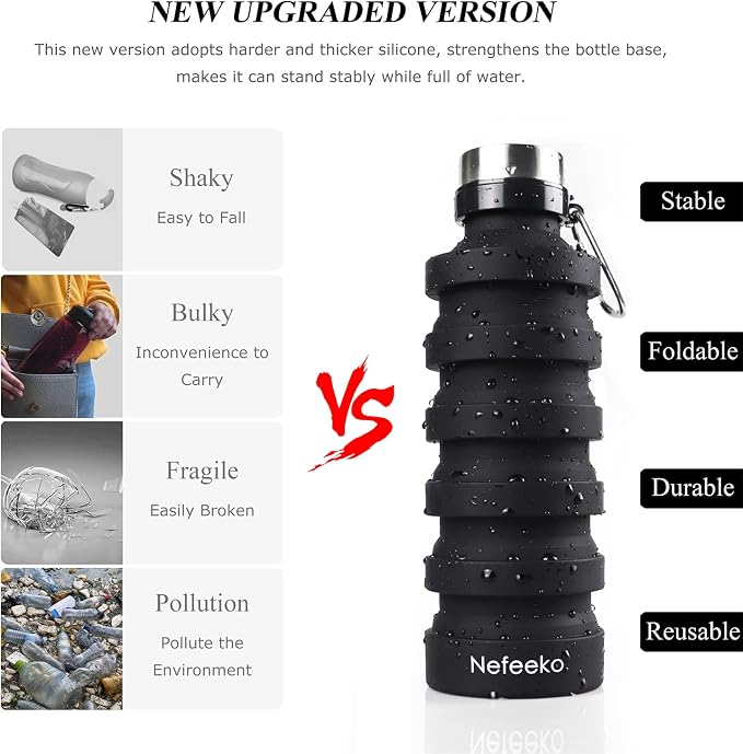 Nefeeko Collapsible Water Bottle, Reuseable BPA Free Silicone Foldable Water - Image 2